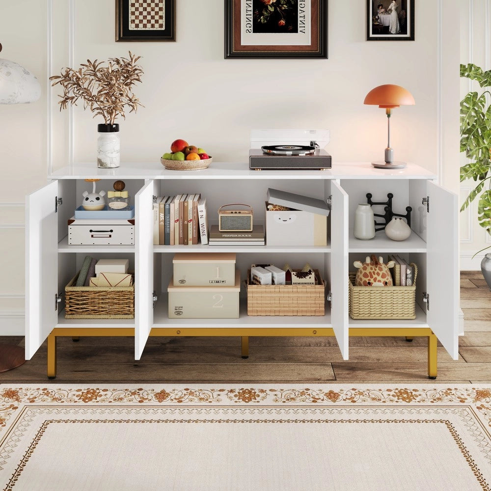Libreria con Ripiani e Ante ¨C MINIMAL ¨C Bianco Lucido, Gambe Dorate, 140x80x40