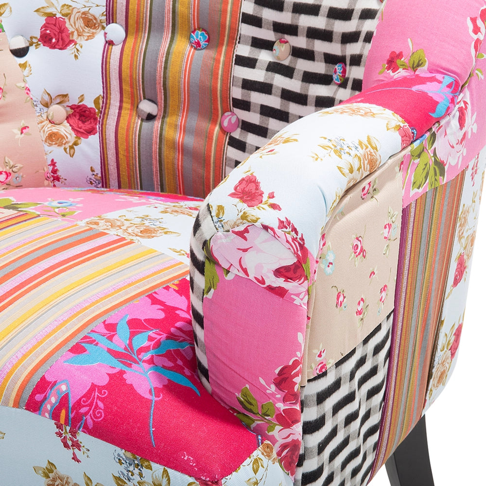 Poltrona Multicolore Rosa Tessuto Patchwork Sedia Club Bottone Gambe in Legno capitonné