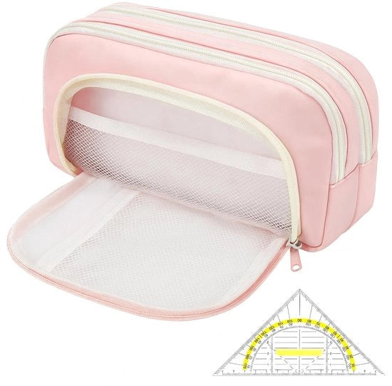 Etui grande con 3 cassette, grande, con struttura a tre lati, volume XXL in tessuto Oxford (21 x 7 cm), per scuola, studio, ufficio, organizzatore professionale con tasca e lacci per penne, per ragazzi e ragazze