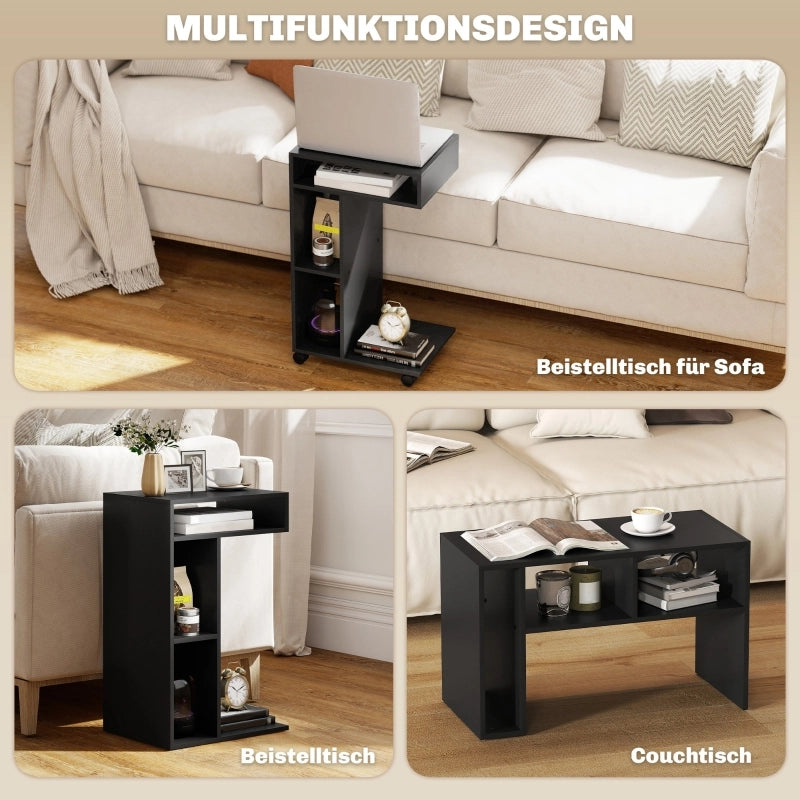 TAVOLINO LATERALE A C 40 x 30 x 69 cm Nero con 3 scomparti e ruote
