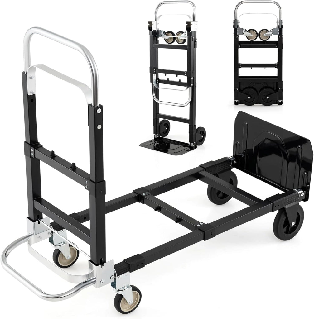 Carrello Pieghevole 3 in 1, Carrello a Mano e Piano Regolabile con Manico Retrattile e Lunghezza Regolabile, Capacità di Carico 272 kg, per Garage, Magazzino