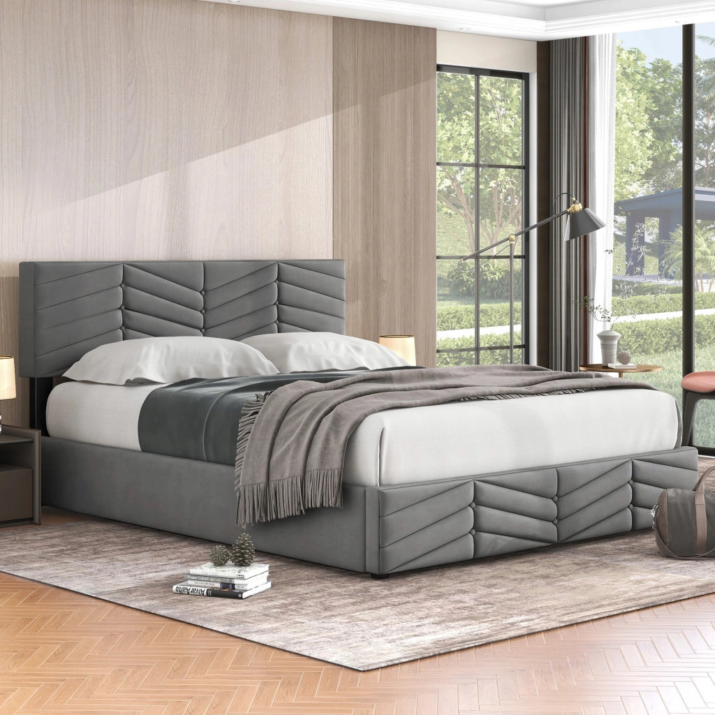 Letto imbottito 140x200 - Xylo - Grigio, velluto, meccanismo idraulico