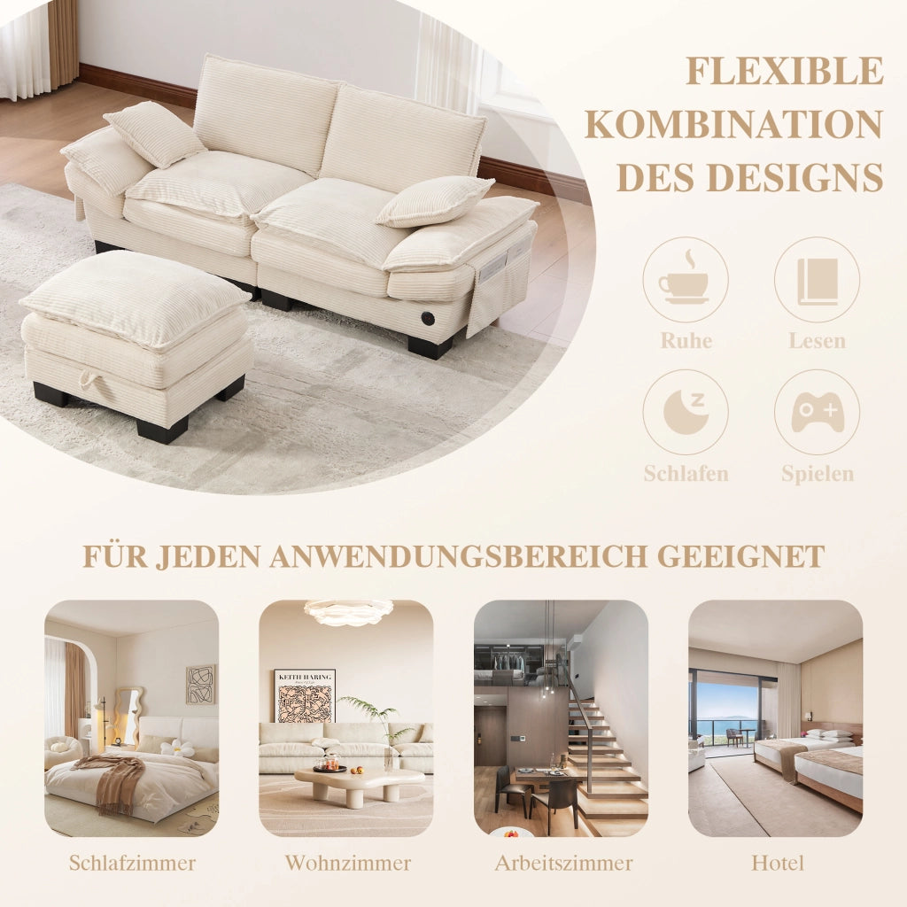 Divano 2 posti con contenitore e USB-C in corduroy beige 190×132×84 cm