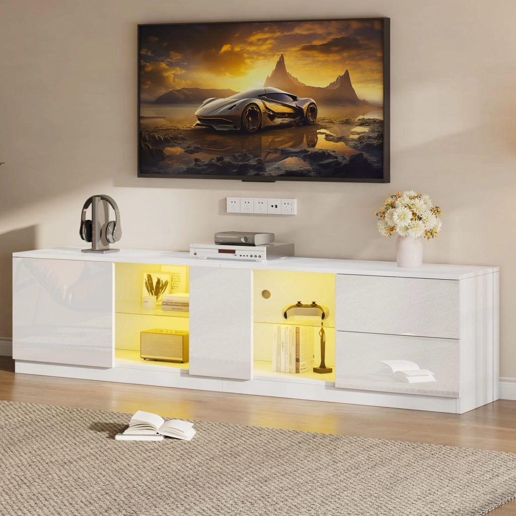 Mobile porta TV con LED in MDF bianco con 2 cassetti e 1 anta, frontale lucido, 160 × 40 × 52 cm
