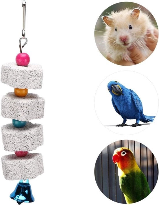 Giocattoli per uccelli - Piatto abrasivo per becco - Adatto per pappagalli - Pietra di calcio - Denti per chinchilla - Blocco lavaggio - Pietra di pulizia - Giocattoli - Pietra minerale con campanello per hamster.