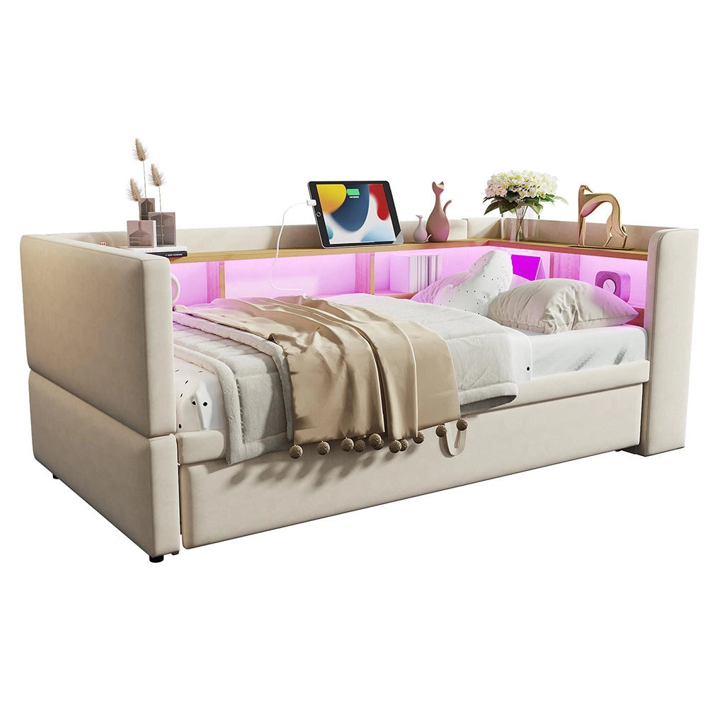 Divano letto - Xylo - 90/180x190 cm LED USB beige