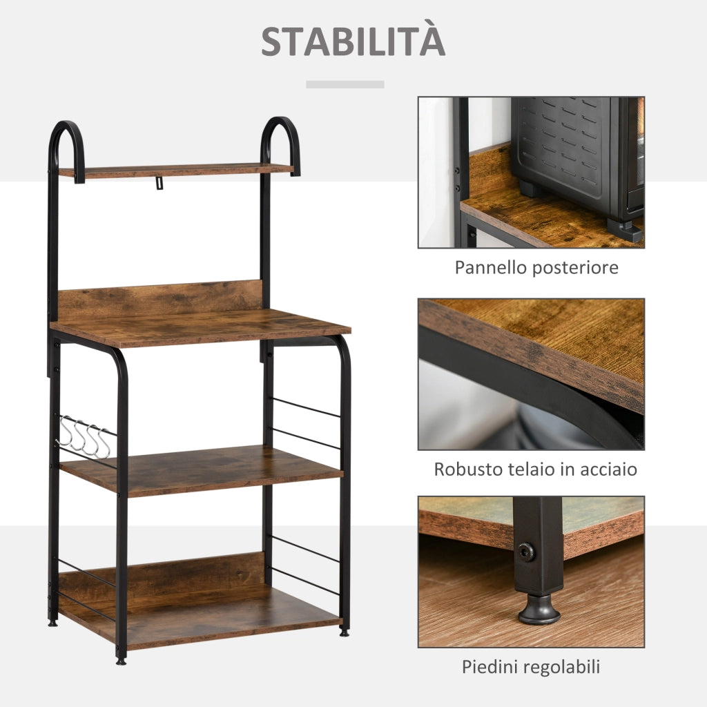 Scaffale da Cucina 4 Ripiani ¨C Xylo ¨C Legno e Acciaio Marrone Rustico 60x40x125cm