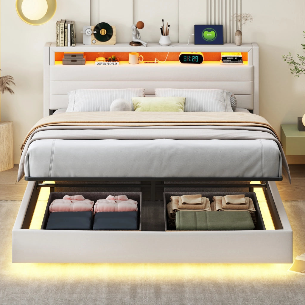 LETTO Imbottito 160x200 cm Beige con USB, LED e contenitore idraulico