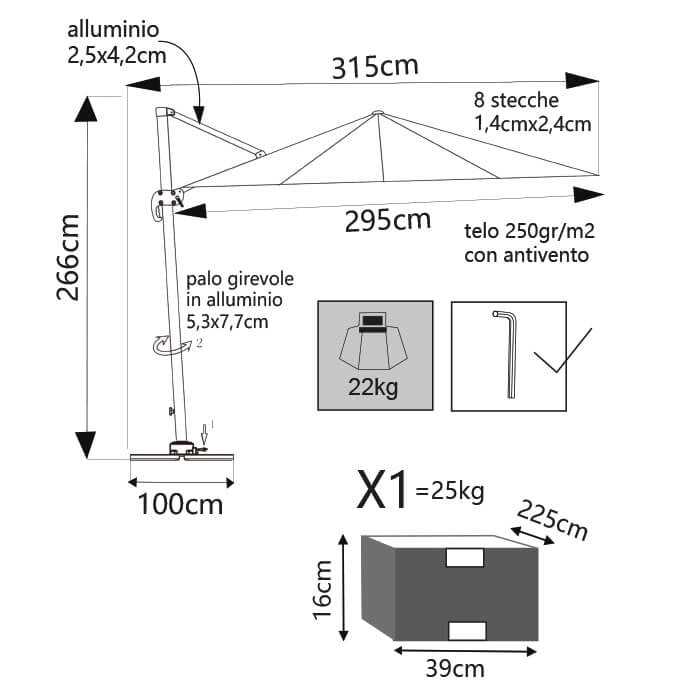 OMBRELLONE SATURNO CON TELO BIANCO 3 X 3 MT