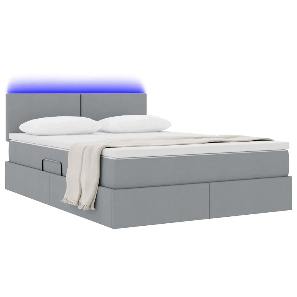 Letto con contenitore e LED Grigio chiaro 140 x 190 cm Tessuto