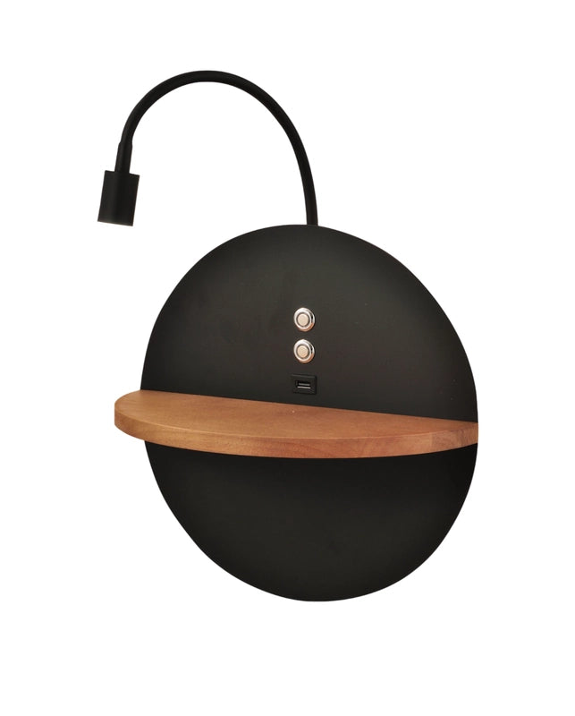 Dual - Applique da parete con mensola e luce LED 15W Fabas Luce Touch dimmer - Nero opaco con legno USB integrata