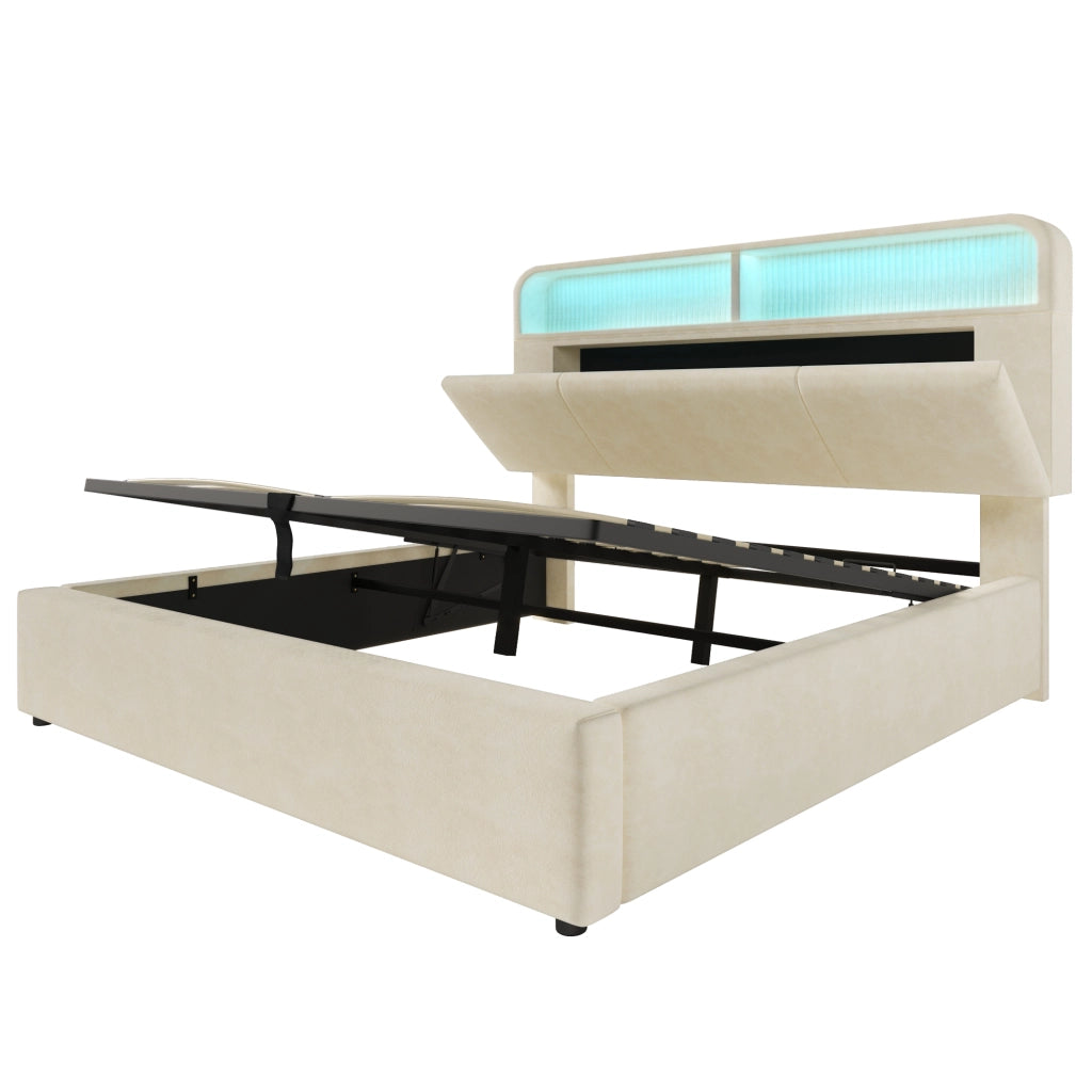 Letto imbottito idraulico 140x200cm con illuminazione LED; USB C e velluto in beige