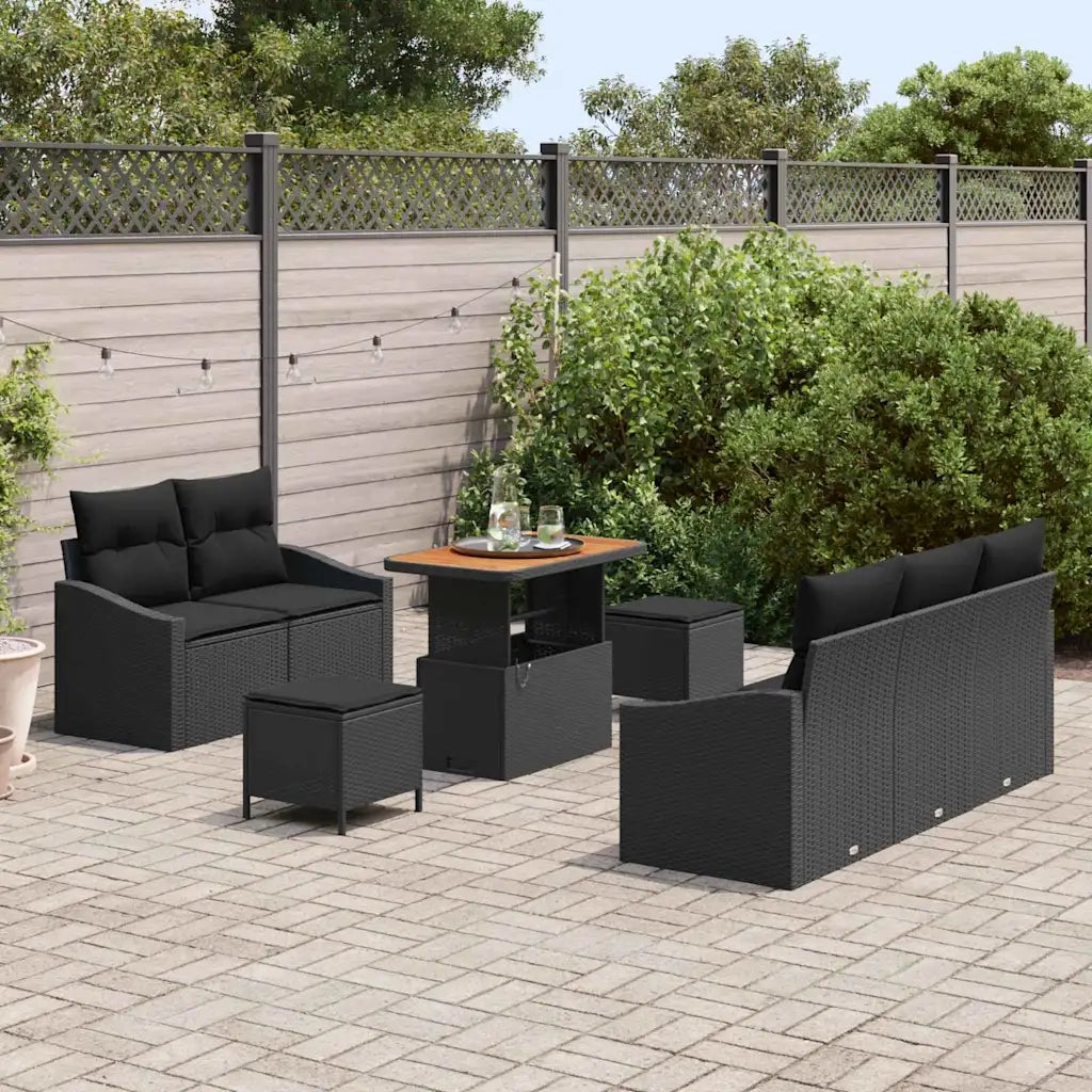 Set Divano da Giardino con cuscino 8 pcs Nero polyrattan