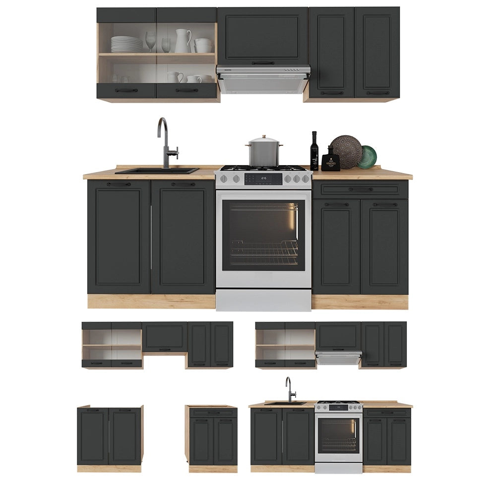 Cucina componibile R-Line Antracite rustico/Rovere dorato 200 cm senza piano di lavoro Vicco