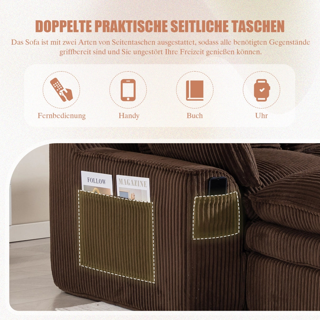 Divano modulare 3 posti con pouf, tasche laterali e cuscini, in velluto a coste con schiuma a 3 strati marrone