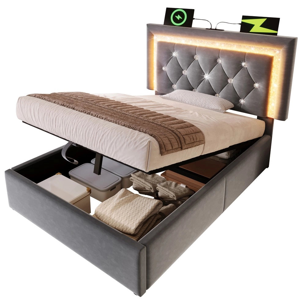 Letto Imbottito Singolo con Contenitore Idraulico e LED ¨C MINIMAL ¨C Velluto Grigio 90x200