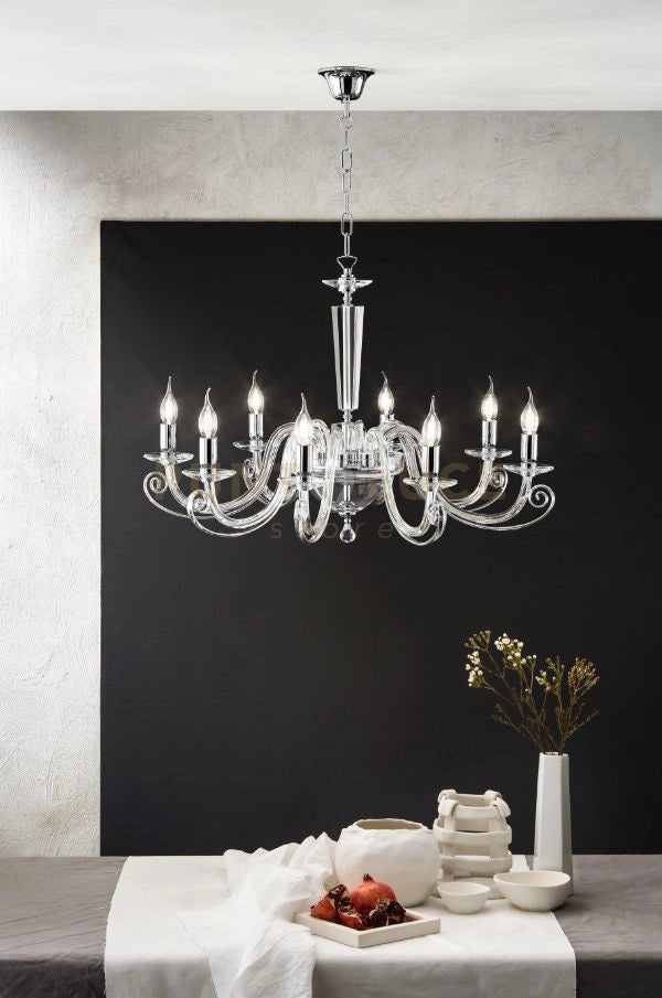 LAMPADARIO CHERUBINI 8 LUCI CRISTALLO E CROMO ATTACCO E14 D.90CM