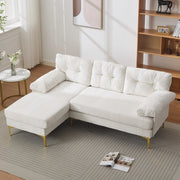 Divano ad angolo reversibile a 3 posti con braccioli imbottiti e cuscini in chenille e legno beige