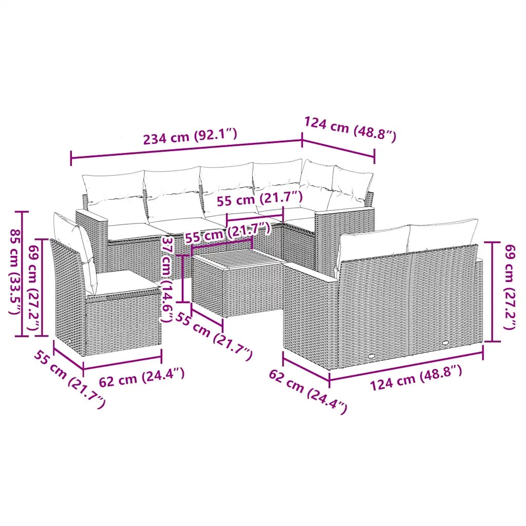 Set Divani da Giardino 9 pz con Cuscini Nero in Polyrattan 3258570