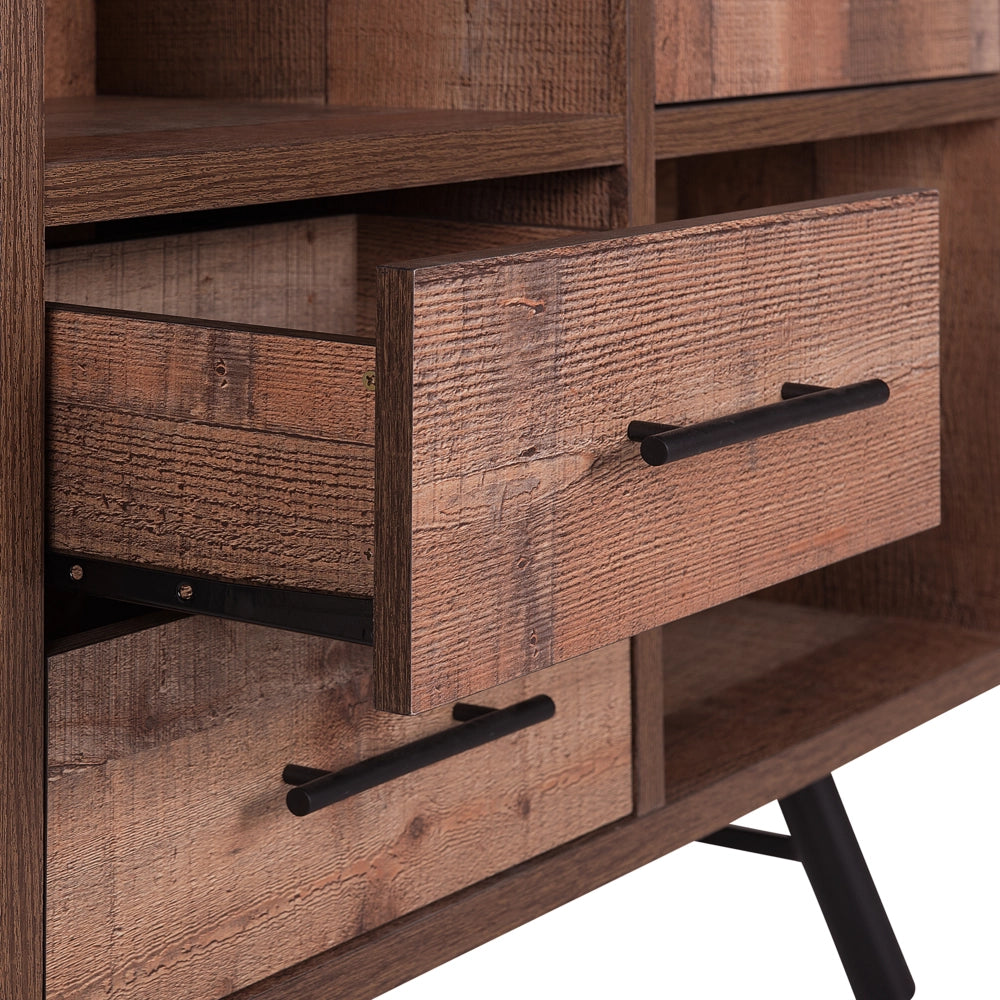 Libreria in Legno Chiaro con Gambe Nere 131 cm 2 Cassetti 1 Mobiletto 4 Ripiani Rustico