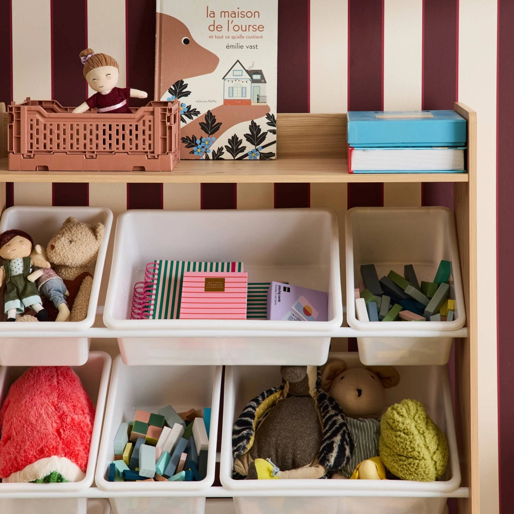 Contenitore per bambini con 9 contenitori, 4 ripiani, 1 anta, marrone