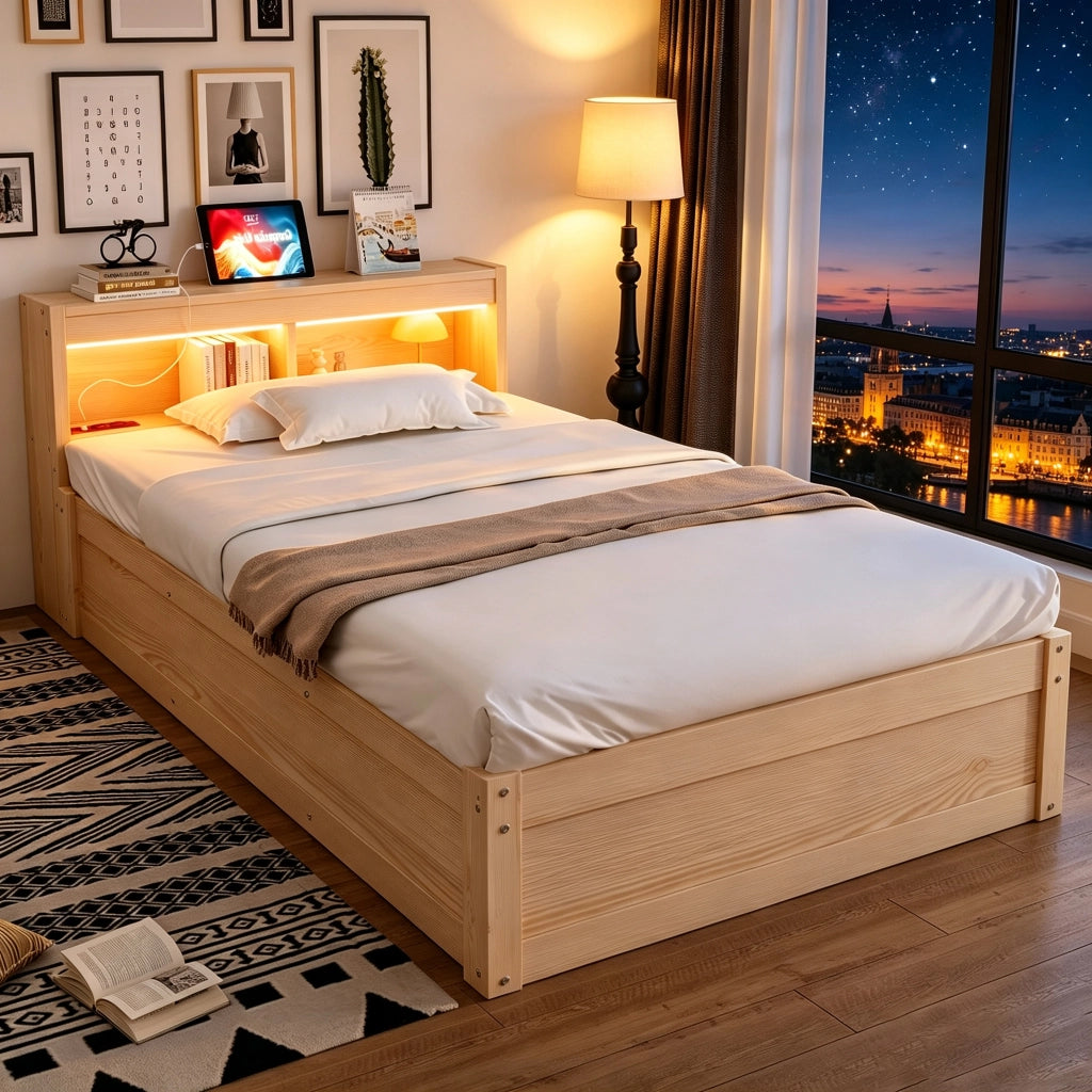 LETTO Multifunzione 90x200 cm Legno con presa e LED