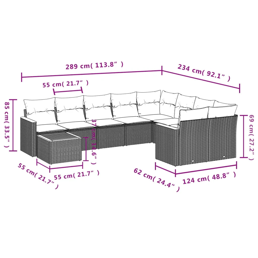 Set Divani da Giardino 10pz con Cuscini in Polyrattan Nero 3226314