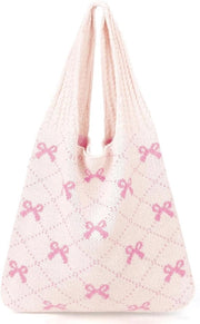 Borsa Beige con Pizzo Rosa per Signore - Grande Borsa Estetica per Spiaggia