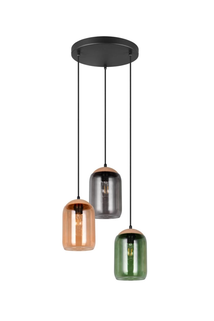 Sospensione Trio CORK nera 3 luci vetro colorato E27