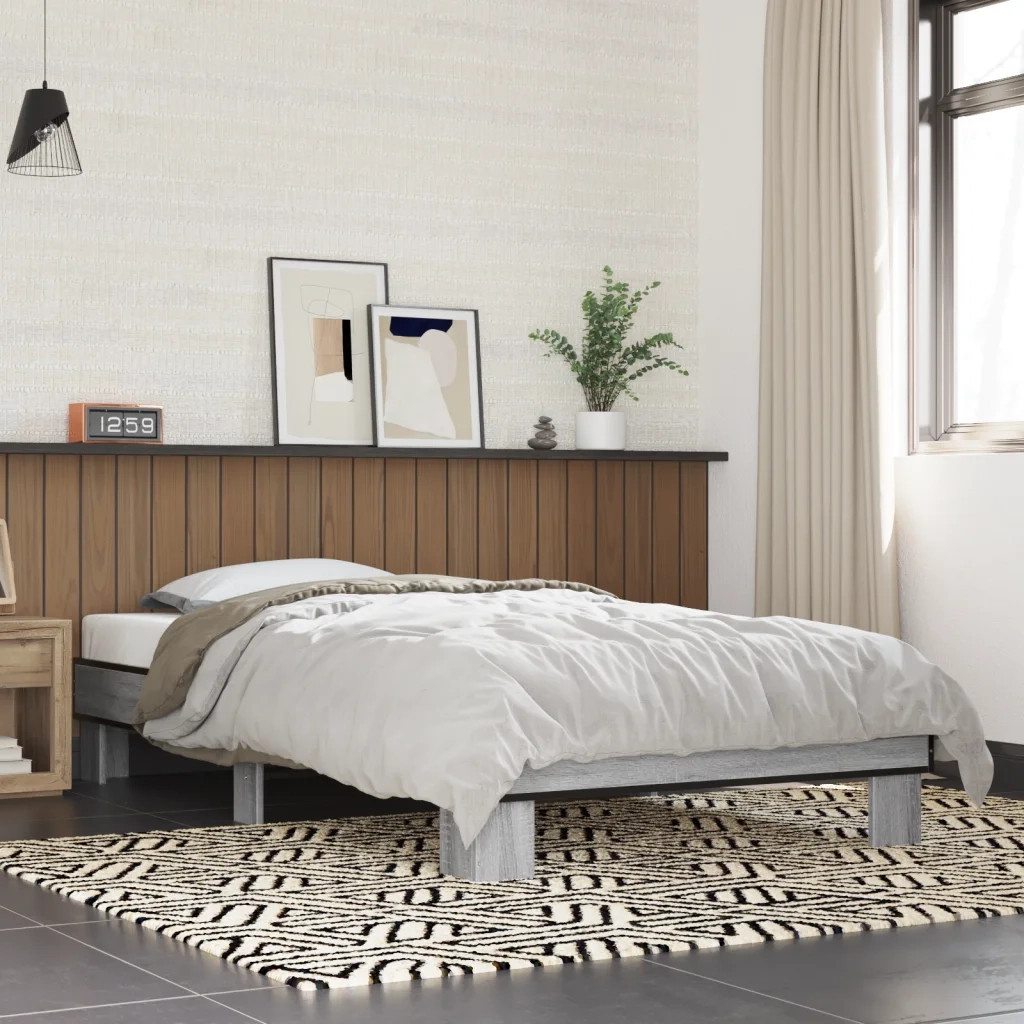 Letto singolo | Letto per adulti | Giroletto Grigio Sonoma 100x200 cm Legno Multistrato e Metallo