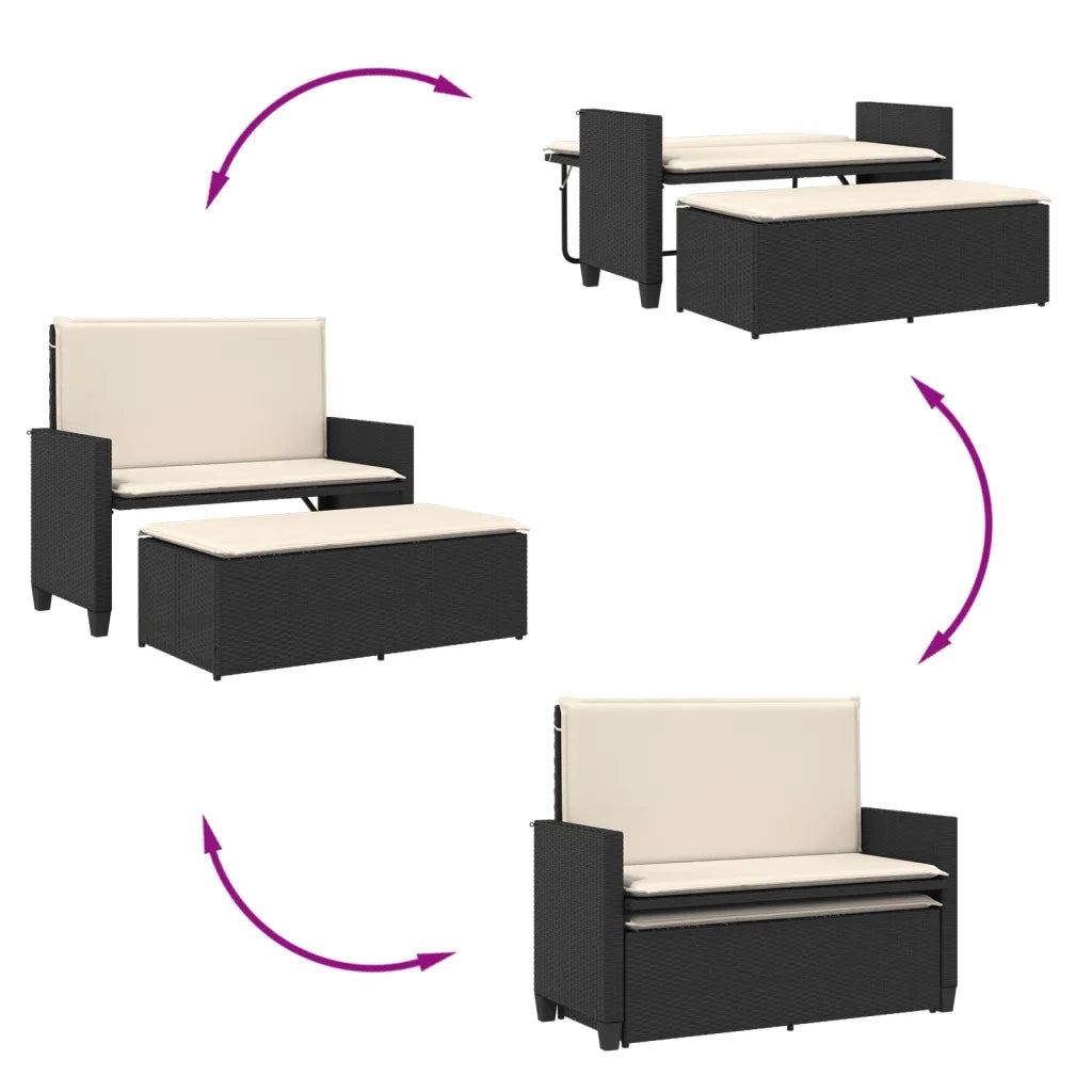 Panca da Giardino con Cuscini e Poggiapiedi Nera in Polyrattan 368407