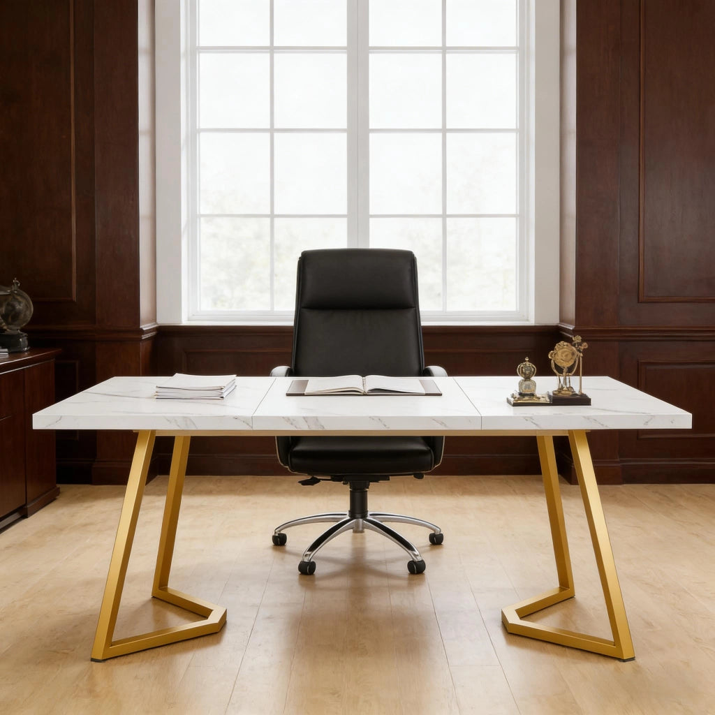 Scrivania moderna da ufficio in metallo e legno, bianco e oro