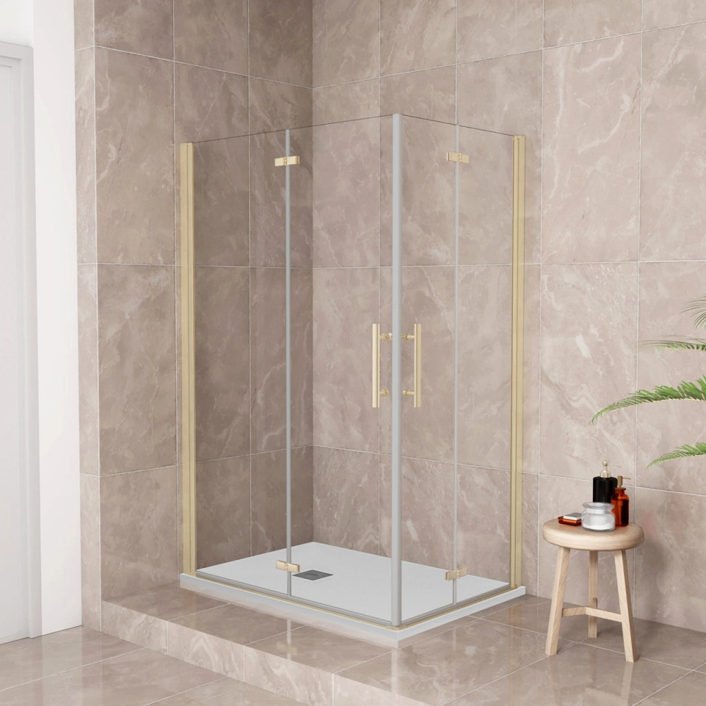 185 cm Box Doccia Angolare 110x120 cm Doppia Porta Battente Pieghevole Vetro Temperato Trasparente 6 mm Anticalcare Telaio Dorato Spazzolato