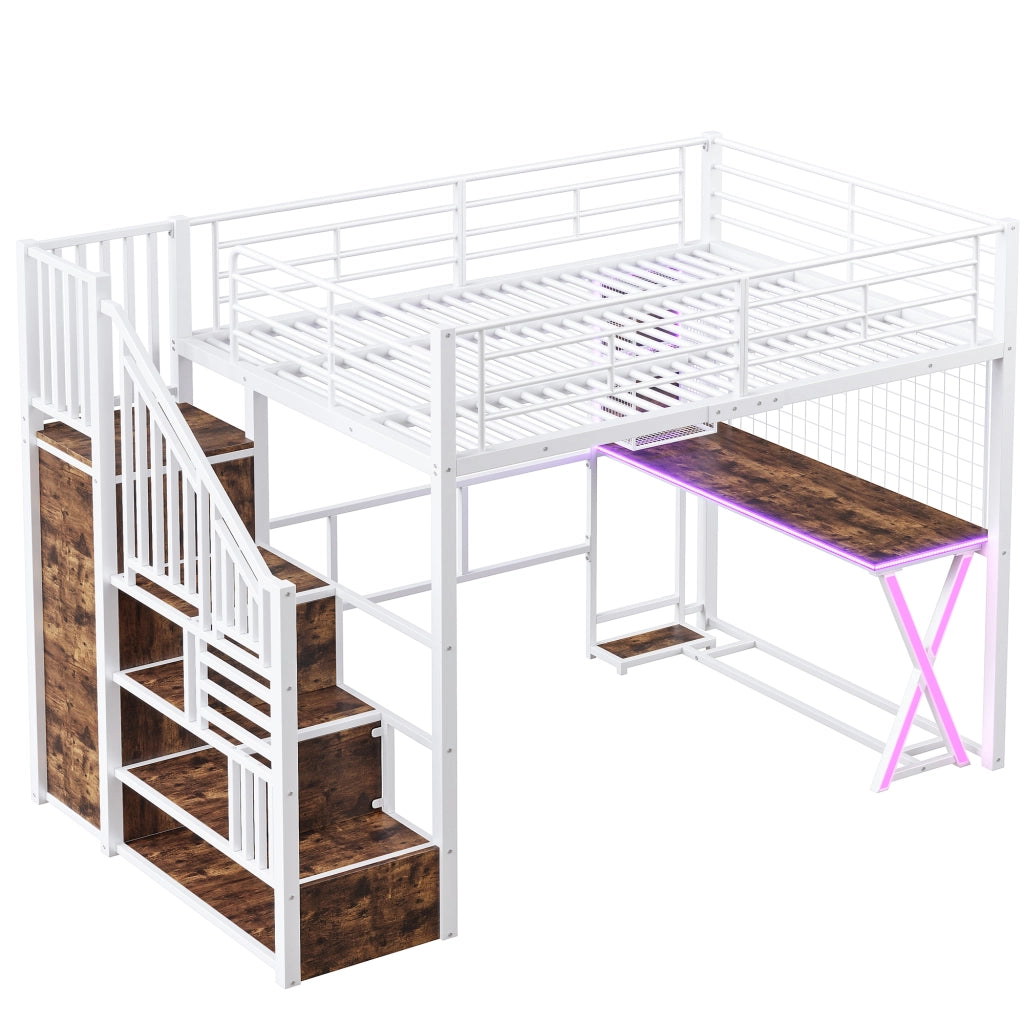 Letto a Soppalco con LED, Scrivania e Armadio ¨C MINIMAL ¨C Bianco 140x200