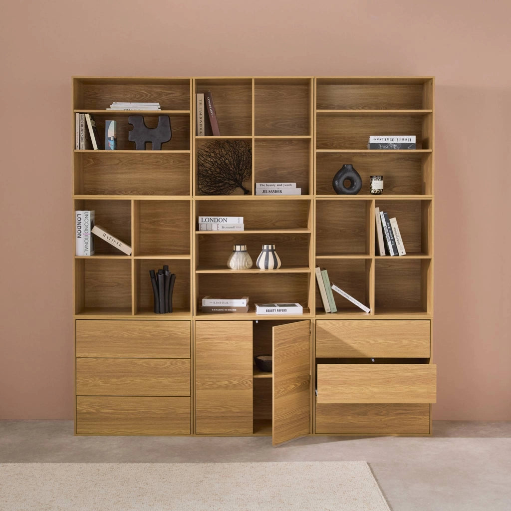 Libreria modulare decorativa in legno con 9 elementi, quercia