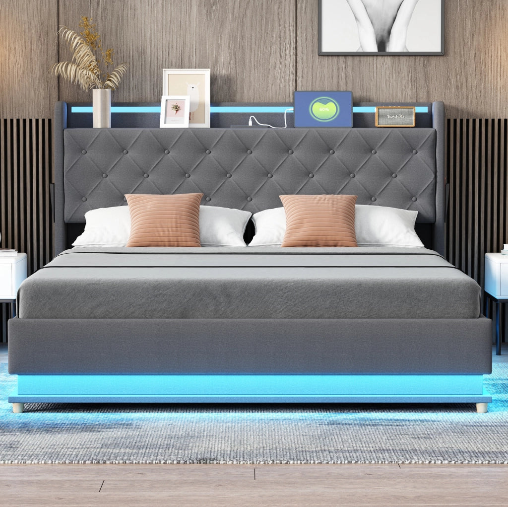Letto matrimoniale imbottito 160x200 cm con LED; porta USB e contenitore idraulico; grigio