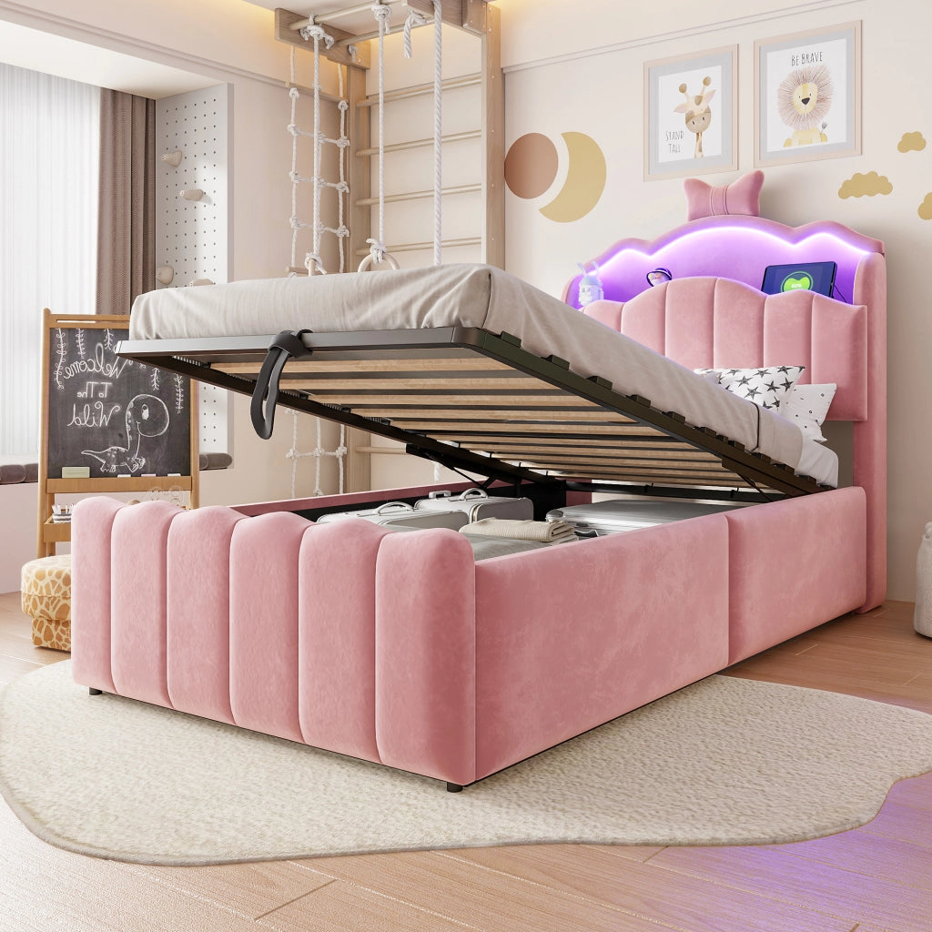 LETTO Contenitore 90x200 cm in velluto rosa con USB e LED