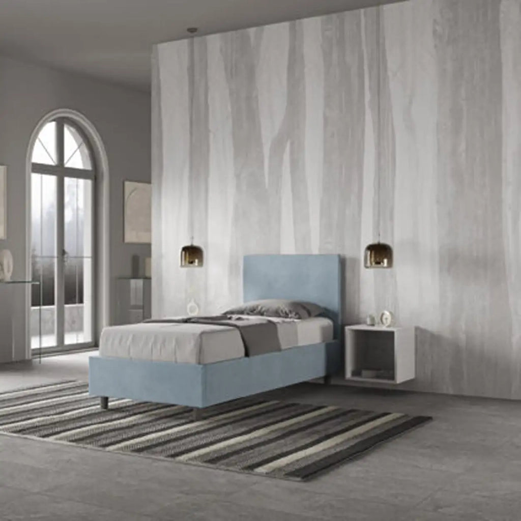 Letto singolo con rete imbottito 80x210 microfibra azzurro Adele