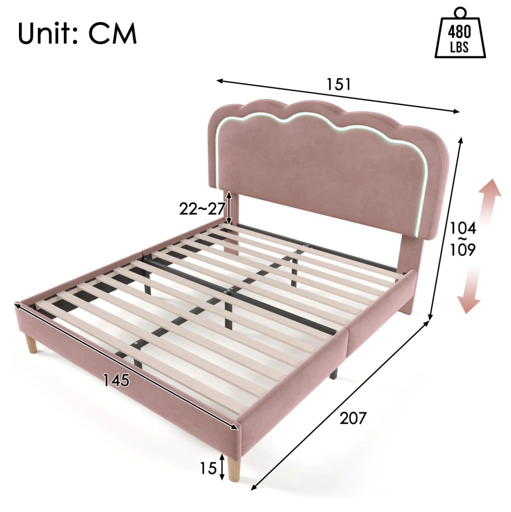 Letto matrimoniale 140x200 cm con testiera regolabile e LED; velluto rosa