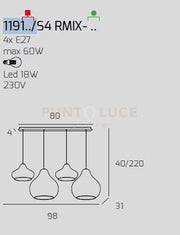 SOSP. CROMO 4 LUCI RETTANGOLARE VETRI (1 X PICCOLO AM + 1 X PICCOLO ZA + 1 X GRANDE AM + 1 X GRANDE RU) 1191CR-S4 RMIX-MC