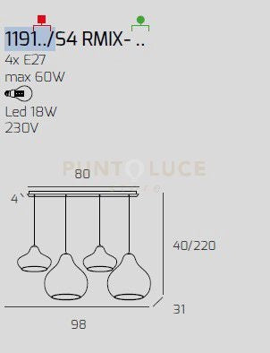 SOSP. CROMO 4 LUCI RETTANGOLARE VETRI (1 X PICCOLO AM + 1 X PICCOLO ZA + 1 X GRANDE AM + 1 X GRANDE RU) 1191CR-S4 RMIX-MC