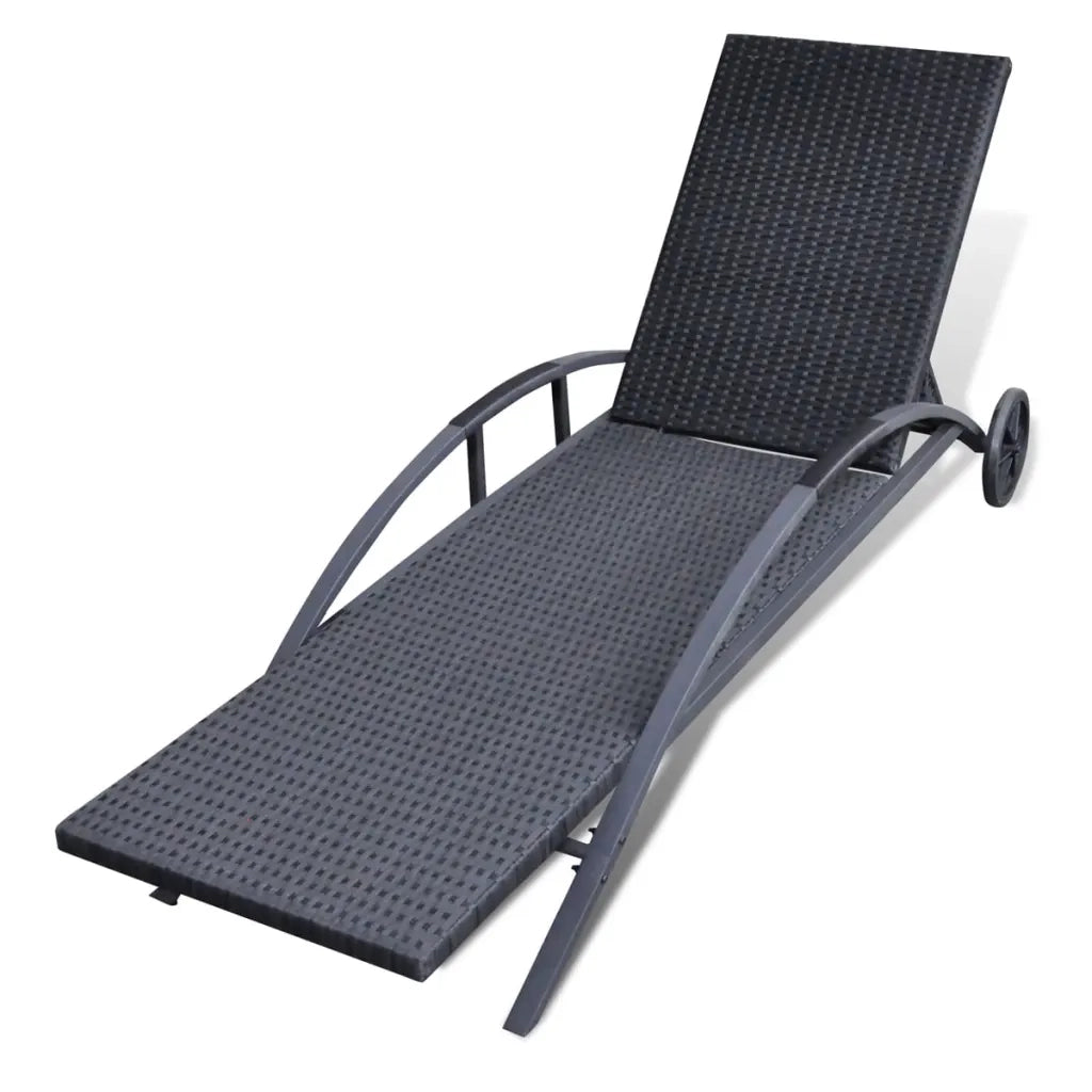 Lettino Prendisole con Cuscino e Ruote in Polyrattan Nero 42489