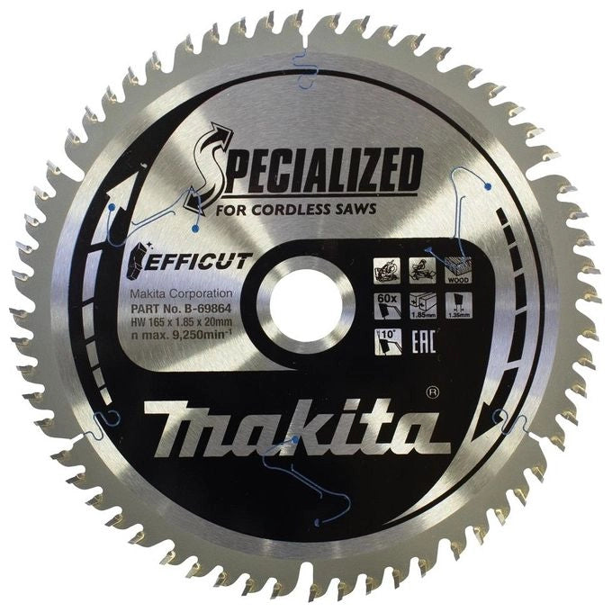 Makita B-69842 Efficut Lama per Sega Circolare 165 mm 20 mm 60 denti spessore corpo 1,35 mm colore Nero