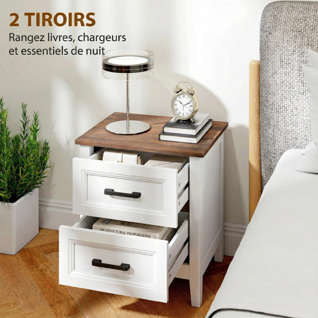 Comodino con 2 cassetti ¨C Xylo ¨C effetto legno bianco stile rustico