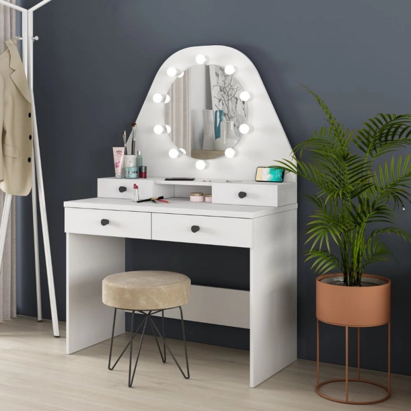 Toeletta con specchio a luci a led con doppio ripiano e 4 cassetti bianco
