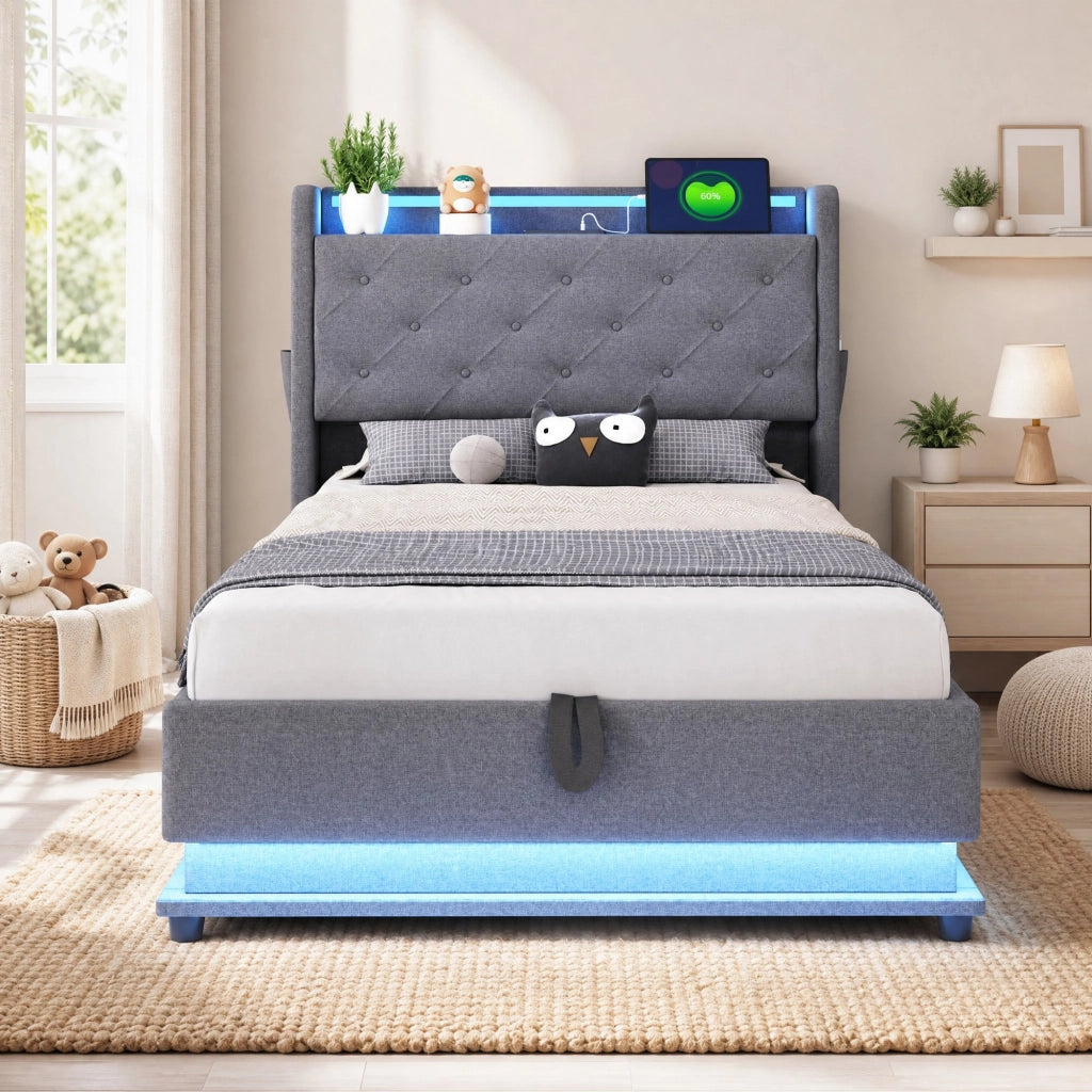 LETTO imbottito 90x200 cm con luci LED, porte USB e vano, grigio
