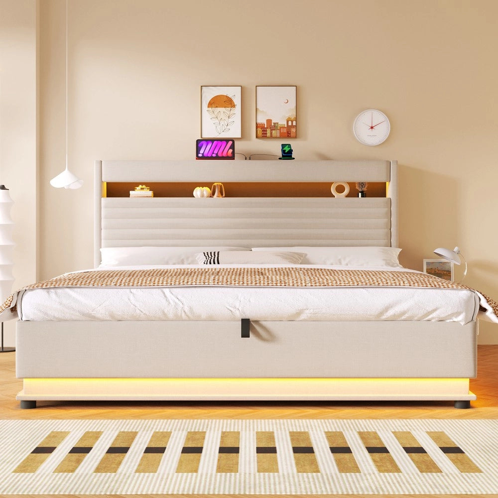 Letto Imbottito Contenitore con LED e USB ¨C MINIMAL ¨C Matrimoniale 180x200, Tessuto Beige