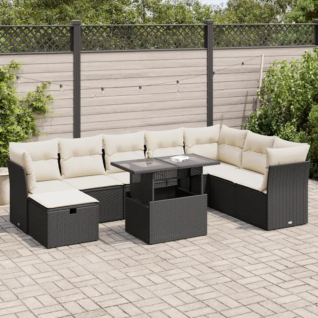 Set Divani da Giardino 9 pz con Cuscini Nero in Polyrattan 3327796