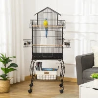 Gabbia per Uccelli da Interni in Legno con Vassoio, 4 Ruote e Trespolo, 50x49x137cm
