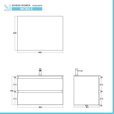 Mobile bagno sospeso 80 cm ossido e noce con cassetti soft-close Kleo